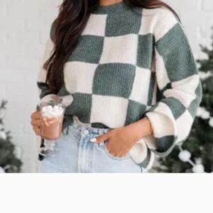 Pink Lily Checkered Sweater - Green and Cream (✨️HOST PICK✨️)